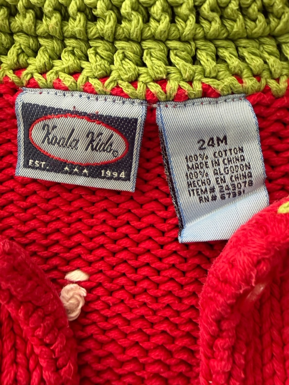 Koala Kids Red Knit Cardigan with Green Crochet Collar - Picture 2 of 6